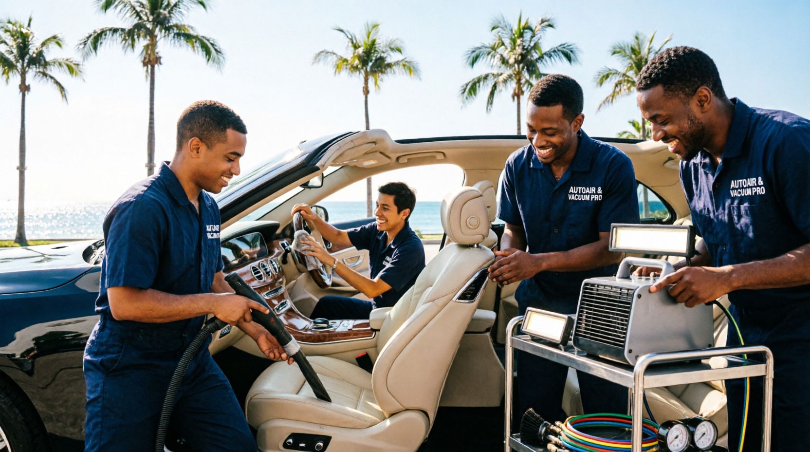 Professional car detailing team at work